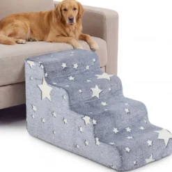 4-stufige Leuchtende Schaumstoff Hundetreppen mit Waschbarer Flanellbezug Haustiertreppe Grau