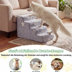 4-stufige Leuchtende Schaumstoff Hundetreppen mit Waschbarer Flanellbezug Haustiertreppe Grau