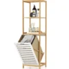 4-stufiger Badezimmerregal mit kippbarem Wäschekorb Bambus Hochschrank Wäscheschrank 36 x 33 x 130 cm Natur + Weiß