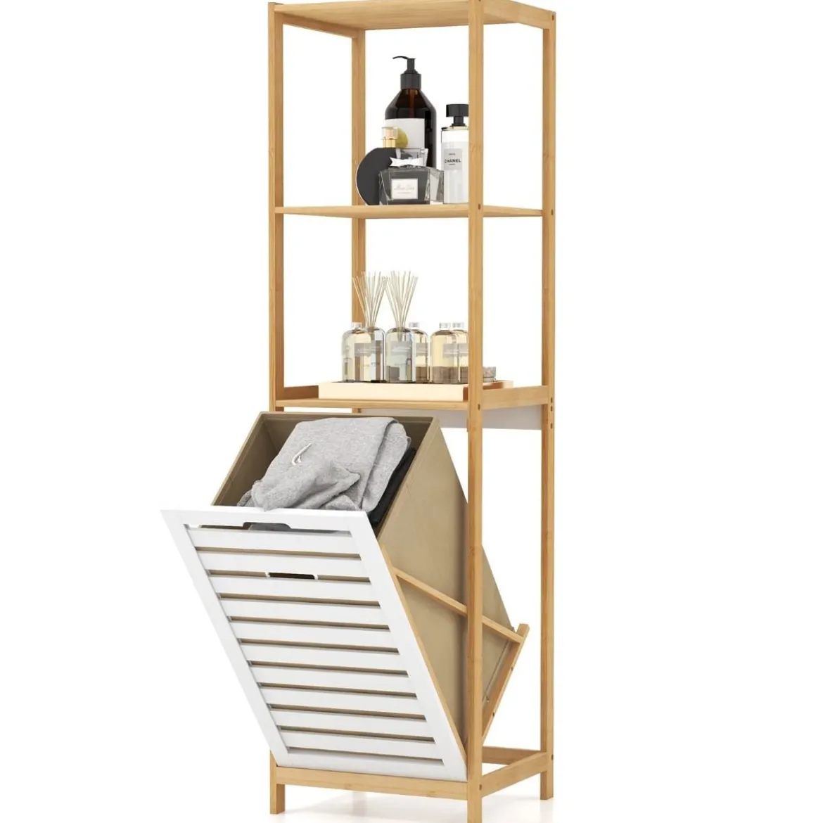 4-stufiger Badezimmerregal mit kippbarem Wäschekorb Bambus Hochschrank Wäscheschrank 36 x 33 x 130 cm Natur + Weiß