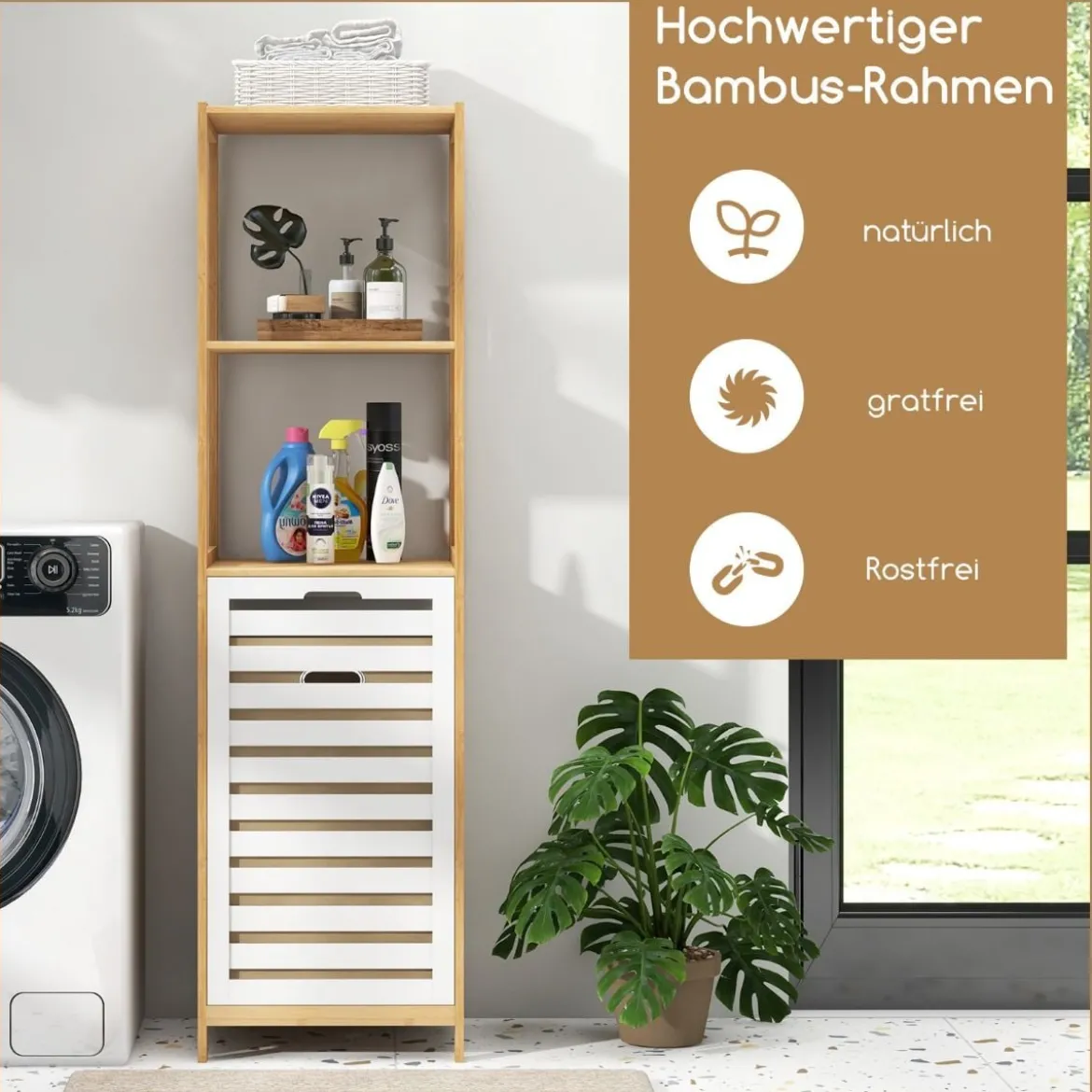4-stufiger Badezimmerregal mit kippbarem Wäschekorb Bambus Hochschrank Wäscheschrank 36 x 33 x 130 cm Natur + Weiß