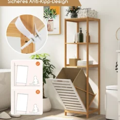 4-stufiger Badezimmerregal mit kippbarem Wäschekorb Bambus Hochschrank Wäscheschrank 36 x 33 x 130 cm Natur + Weiß