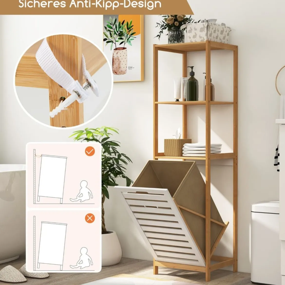4-stufiger Badezimmerregal mit kippbarem Wäschekorb Bambus Hochschrank Wäscheschrank 36 x 33 x 130 cm Natur + Weiß