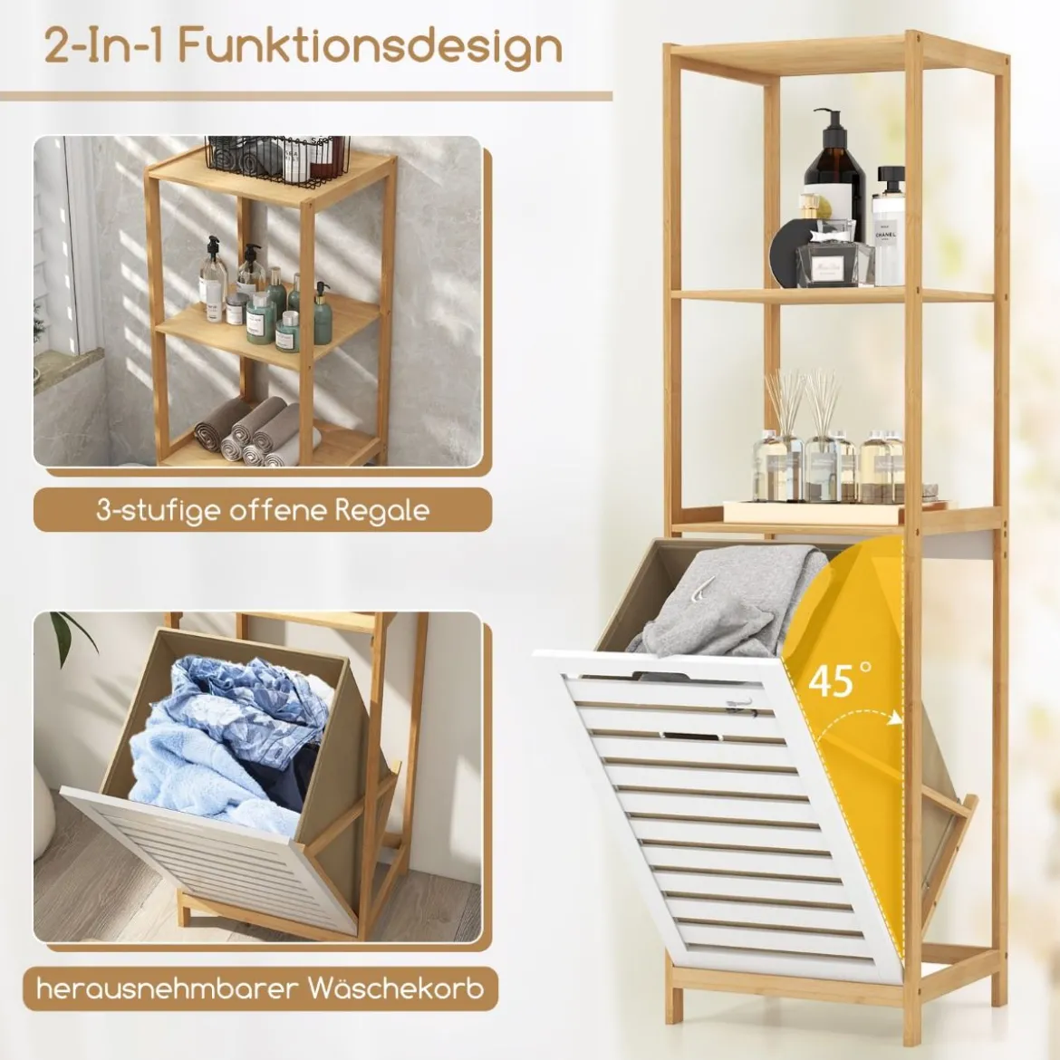 4-stufiger Badezimmerregal mit kippbarem Wäschekorb Bambus Hochschrank Wäscheschrank 36 x 33 x 130 cm Natur + Weiß