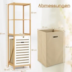 4-stufiger Badezimmerregal mit kippbarem Wäschekorb Bambus Hochschrank Wäscheschrank 36 x 33 x 130 cm Natur + Weiß