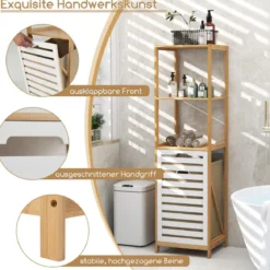 4-stufiger Badezimmerregal mit kippbarem Wäschekorb Bambus Hochschrank Wäscheschrank 36 x 33 x 130 cm Natur + Weiß
