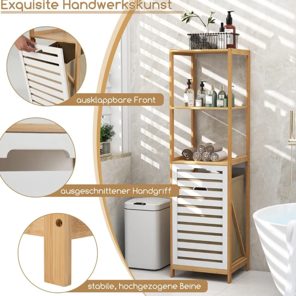 4-stufiger Badezimmerregal mit kippbarem Wäschekorb Bambus Hochschrank Wäscheschrank 36 x 33 x 130 cm Natur + Weiß