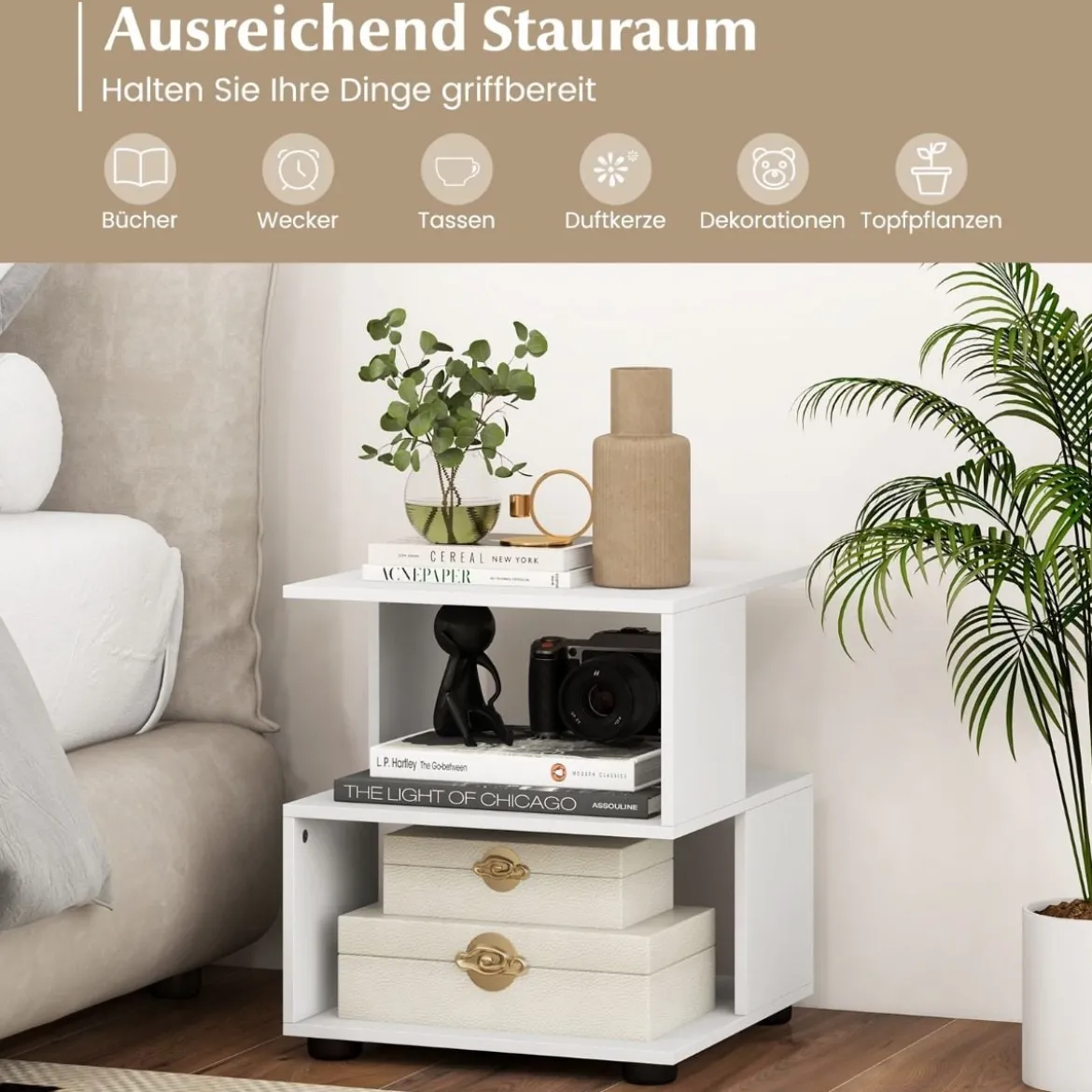 3-stufiger Beistelltisch moderner Nachttisch Couchtisch mit Ablageflächen 39,5 x 39,5 x 45 cm Weiß