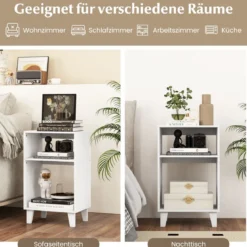 3-stufiger Beistelltisch Nachttisch mit Ablagen & Beinen 39,5 x 29,5 x 65 cm Weiß