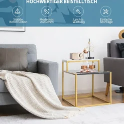 2-stufiger Beistelltisch Sofatisch mit Ablagefläche für Wohnzimmer 61 x 45,5 x 56 cm Schwarz + Weiß