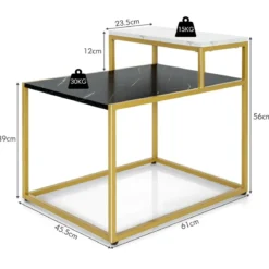 2-stufiger Beistelltisch Sofatisch mit Ablagefläche für Wohnzimmer 61 x 45,5 x 56 cm Schwarz + Weiß