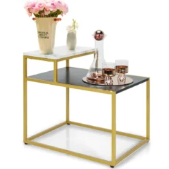 2-stufiger Beistelltisch Sofatisch mit Ablagefläche für Wohnzimmer 61 x 45,5 x 56 cm Schwarz + Weiß