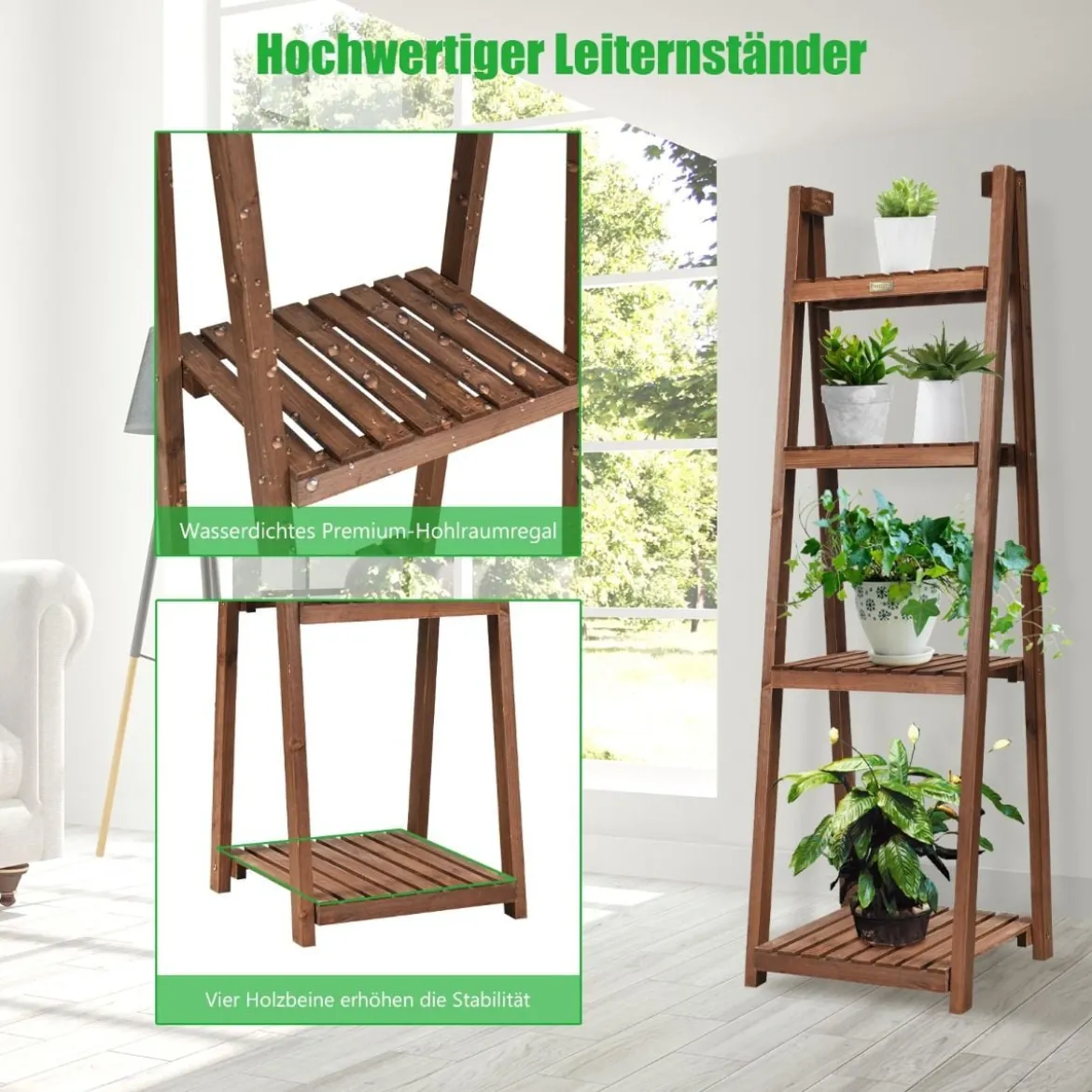 4-stufiger Blumenständer hölzernes Blumenregal Pflanzenständer 45 x 47 x 150 cm Braun