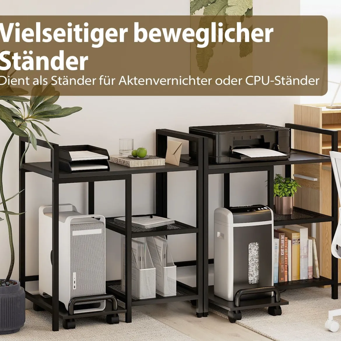 3-stufiger Druckerständer mit Ladestation mobiler Druckertisch mit Ablagefächern Schwarz
