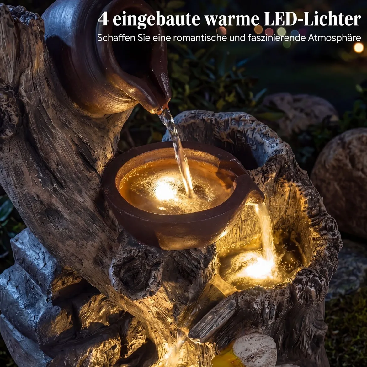4-Stufiger Gartenbrunnen mit LED-Beleuchtung Dekorativer Zierbrunnen mit Entenmotiv 30 x 27 x 57 cm