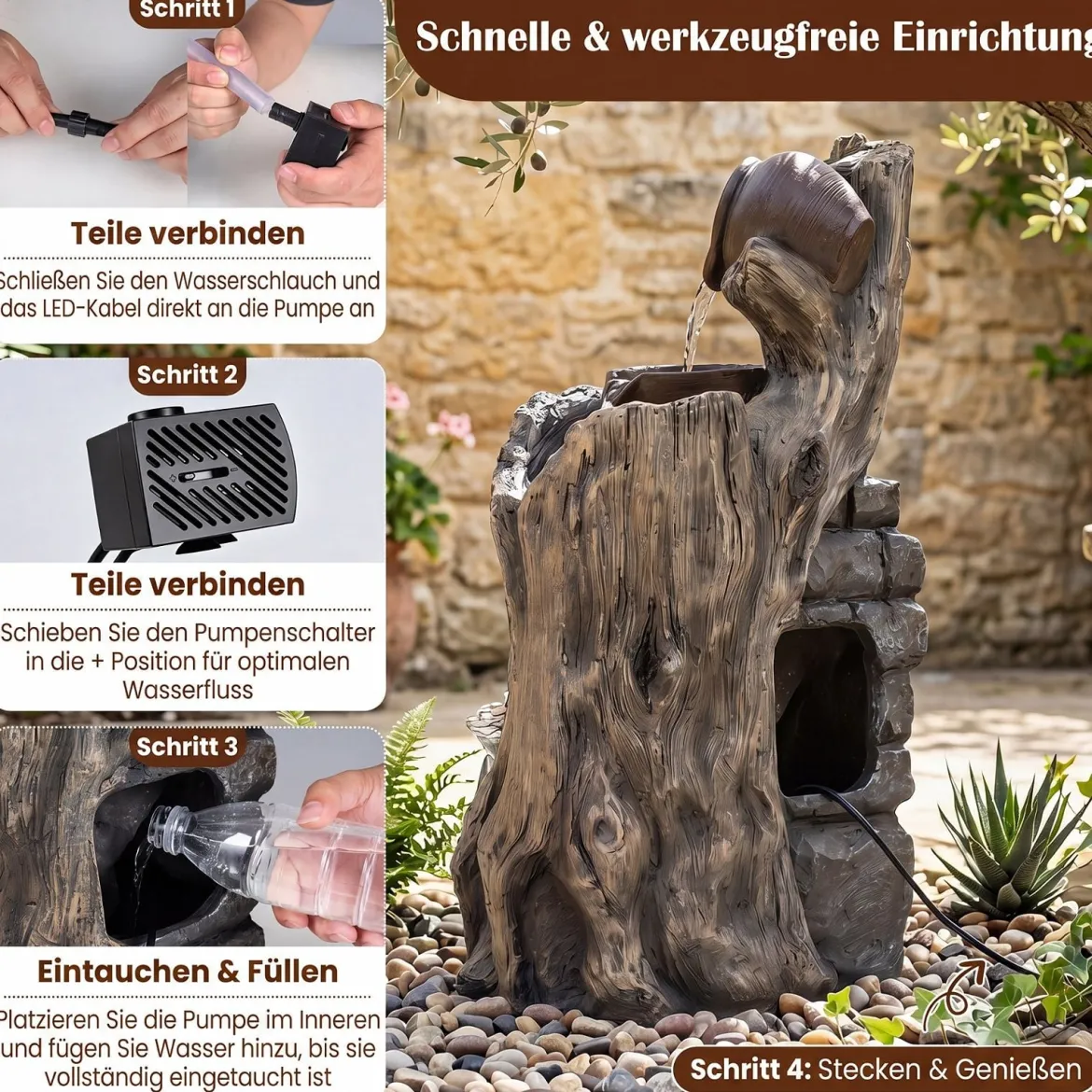 4-Stufiger Gartenbrunnen mit LED-Beleuchtung Dekorativer Zierbrunnen mit Entenmotiv 30 x 27 x 57 cm