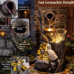 4-Stufiger Gartenbrunnen mit LED-Beleuchtung Dekorativer Zierbrunnen mit Entenmotiv 30 x 27 x 57 cm