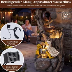 4-Stufiger Gartenbrunnen mit LED-Beleuchtung Dekorativer Zierbrunnen mit Entenmotiv 30 x 27 x 57 cm