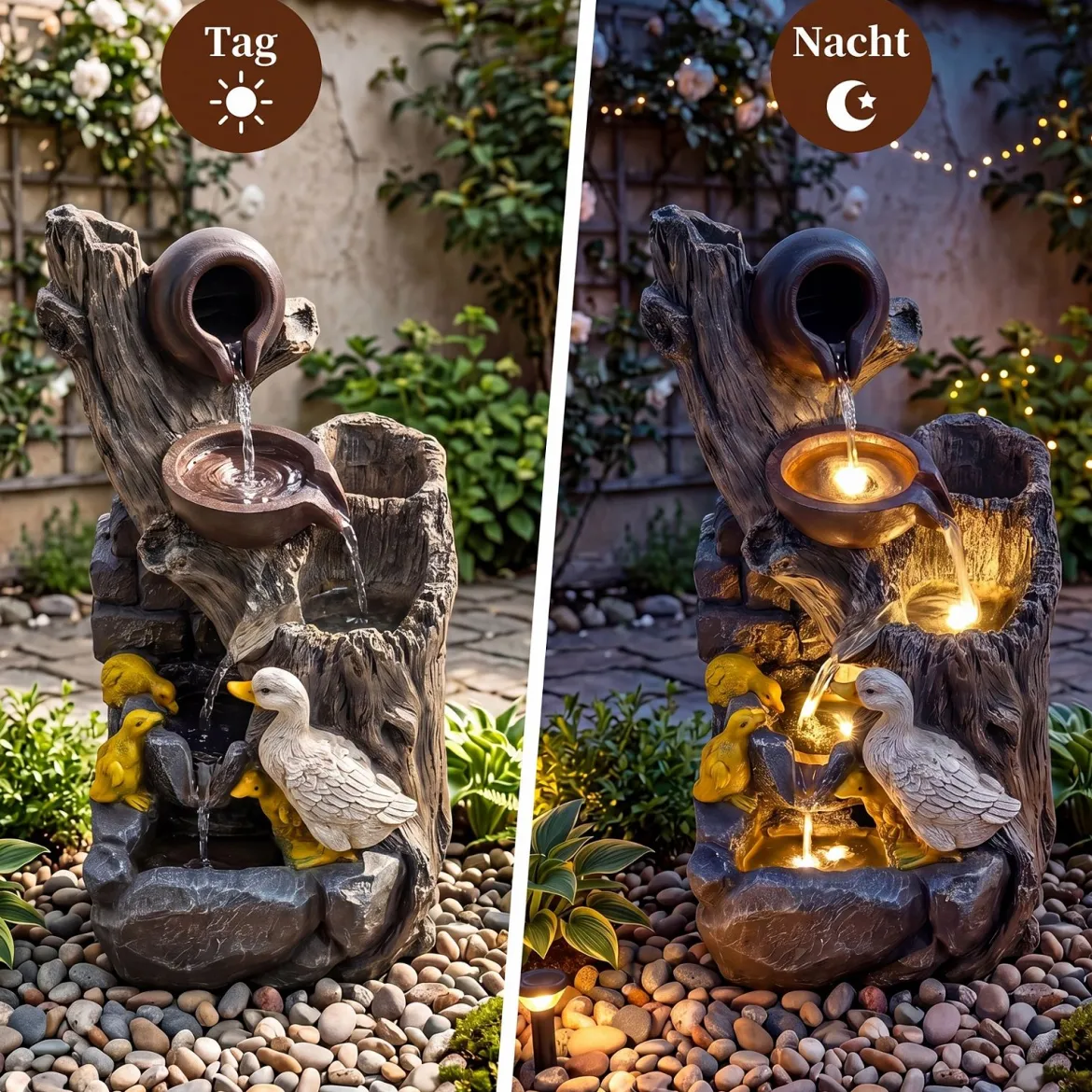 4-Stufiger Gartenbrunnen mit LED-Beleuchtung Dekorativer Zierbrunnen mit Entenmotiv 30 x 27 x 57 cm