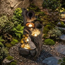 4-Stufiger Gartenbrunnen mit LED-Beleuchtung Dekorativer Zierbrunnen mit Entenmotiv 30 x 27 x 57 cm