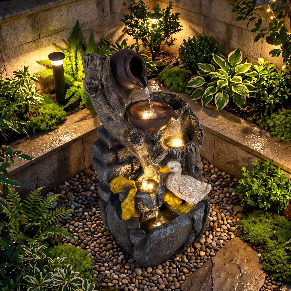 4-Stufiger Gartenbrunnen mit LED-Beleuchtung Dekorativer Zierbrunnen mit Entenmotiv 30 x 27 x 57 cm