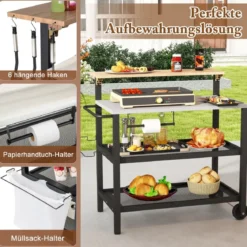 4 Stufiger Grillwagen mit Aufklappbarem Tisch Haken Handtuchhalter & Müllbeutelhalter Grilltisch