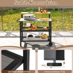 4 Stufiger Grillwagen mit Aufklappbarem Tisch Haken Handtuchhalter & Müllbeutelhalter Grilltisch