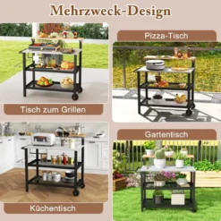 4 Stufiger Grillwagen mit Aufklappbarem Tisch Haken Handtuchhalter & Müllbeutelhalter Grilltisch