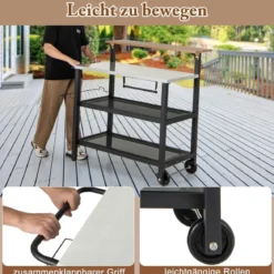 4 Stufiger Grillwagen mit Aufklappbarem Tisch Haken Handtuchhalter & Müllbeutelhalter Grilltisch