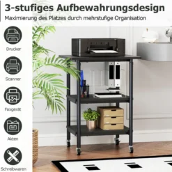 3-stufiger Höhenverstellbarer Druckerständer mit Ablageflächen & Rollen Druckerwagen Schwarz