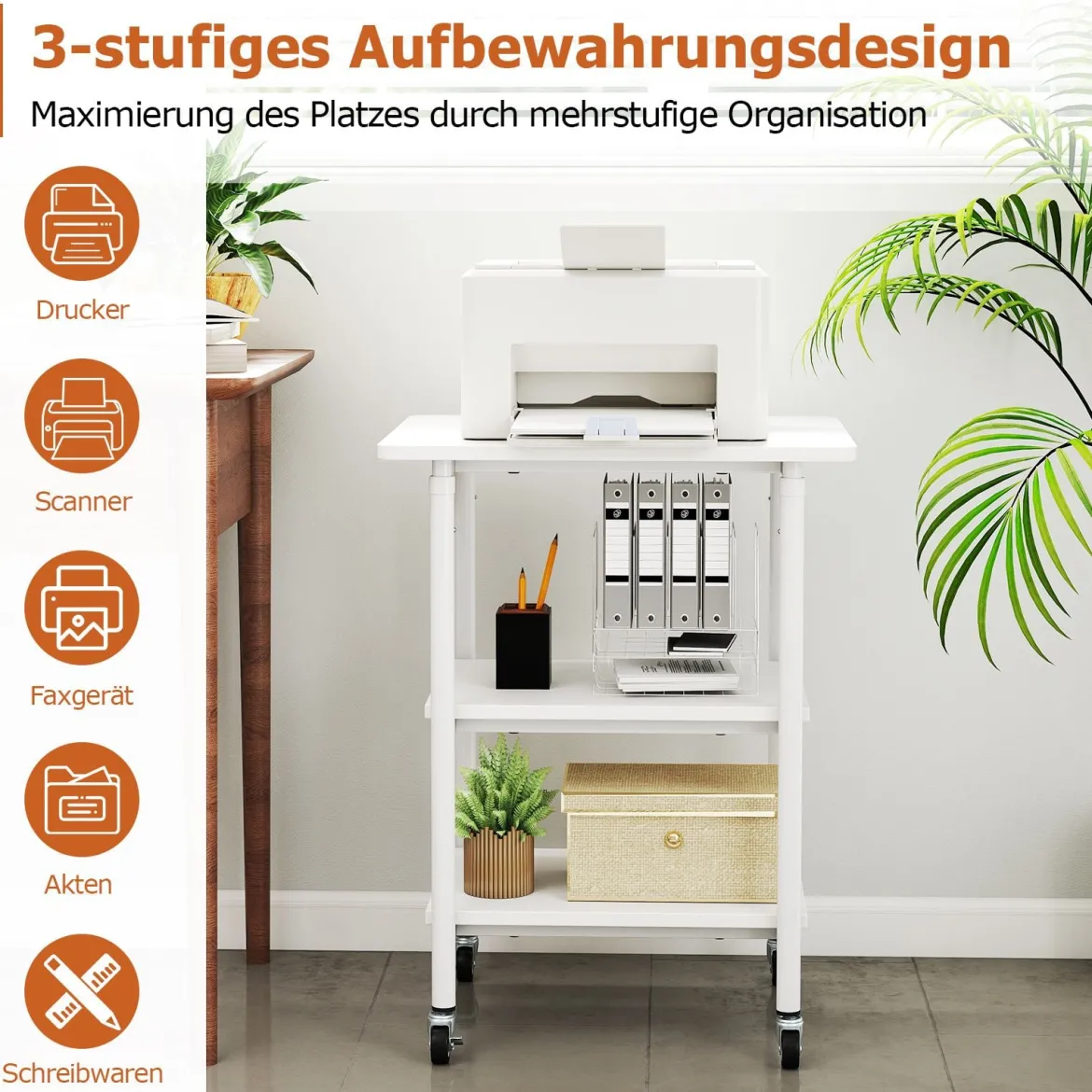 3-stufiger Höhenverstellbarer Druckerständer mit Ablageflächen & Rollen Druckerwagen Weiß