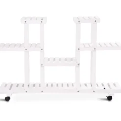 4-stufiger hölzerner Pflanzenständer mit abschließbaren Rädern 120,5 x 25,5 x 80 cm Weiß