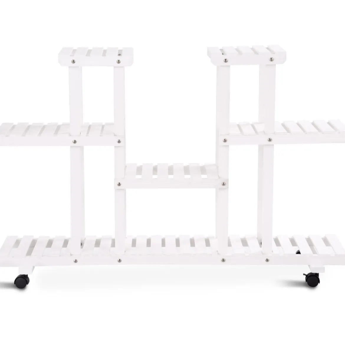 4-stufiger hölzerner Pflanzenständer mit abschließbaren Rädern 120,5 x 25,5 x 80 cm Weiß