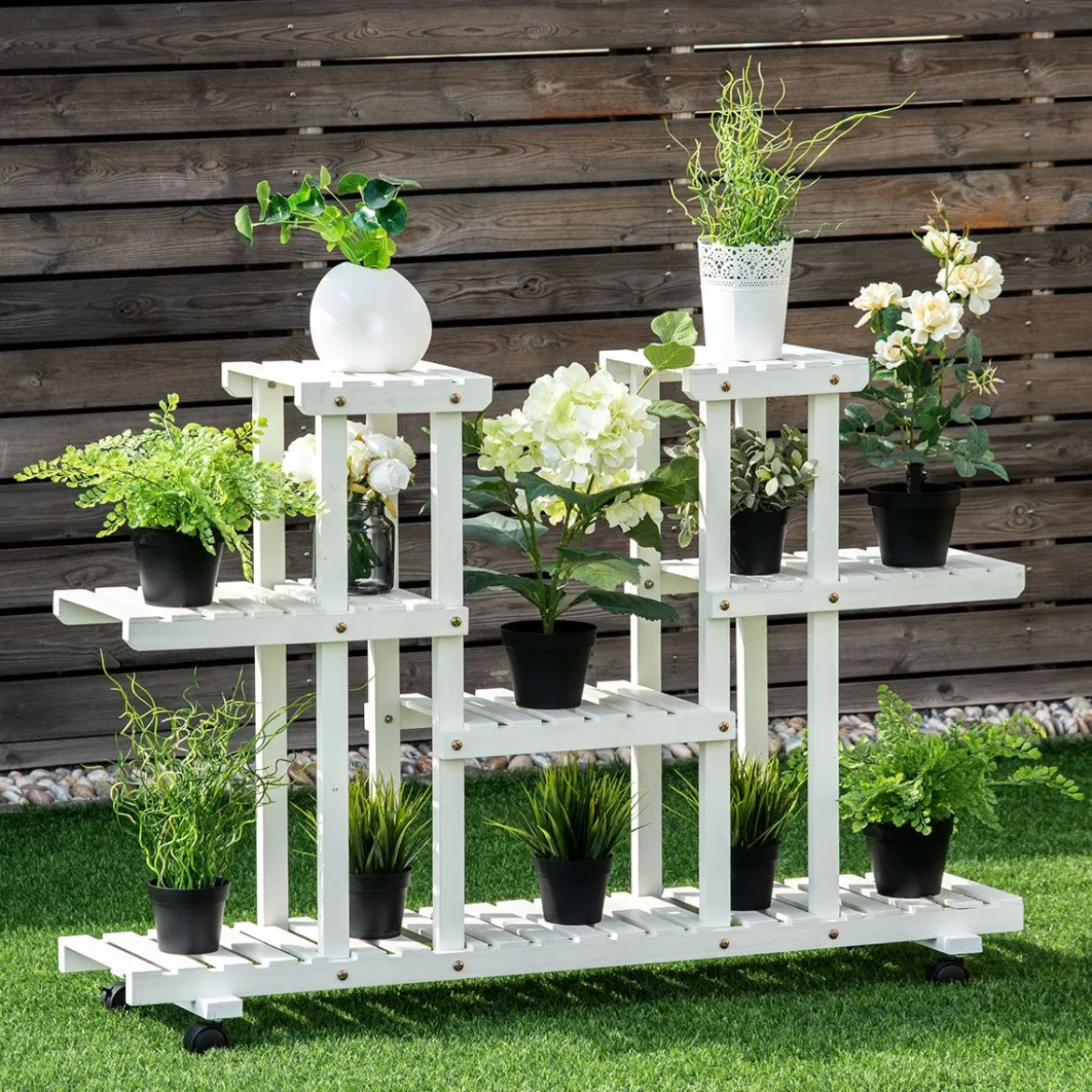 4-stufiger hölzerner Pflanzenständer mit abschließbaren Rädern 120,5 x 25,5 x 80 cm Weiß