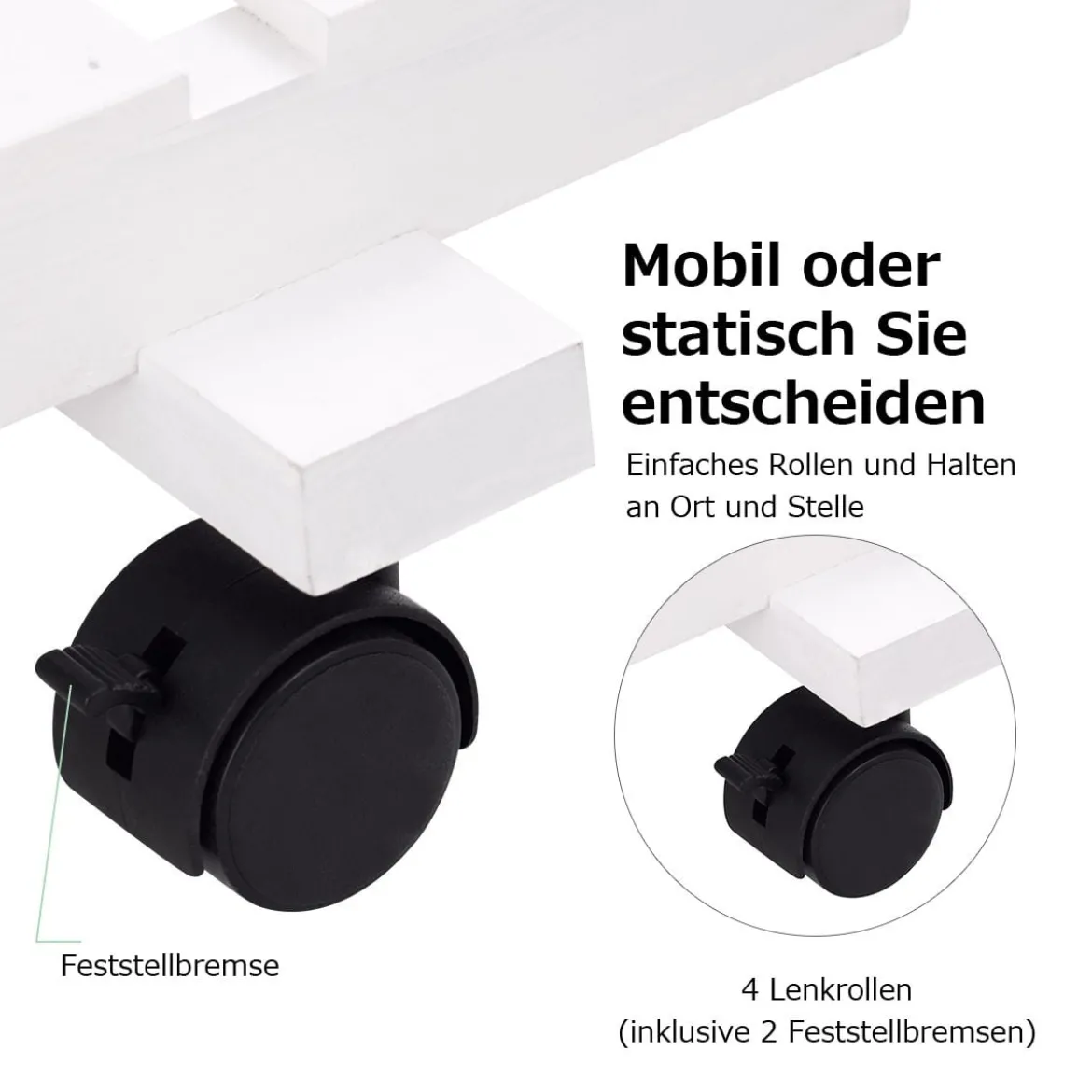 4-stufiger hölzerner Pflanzenständer mit abschließbaren Rädern 120,5 x 25,5 x 80 cm Weiß