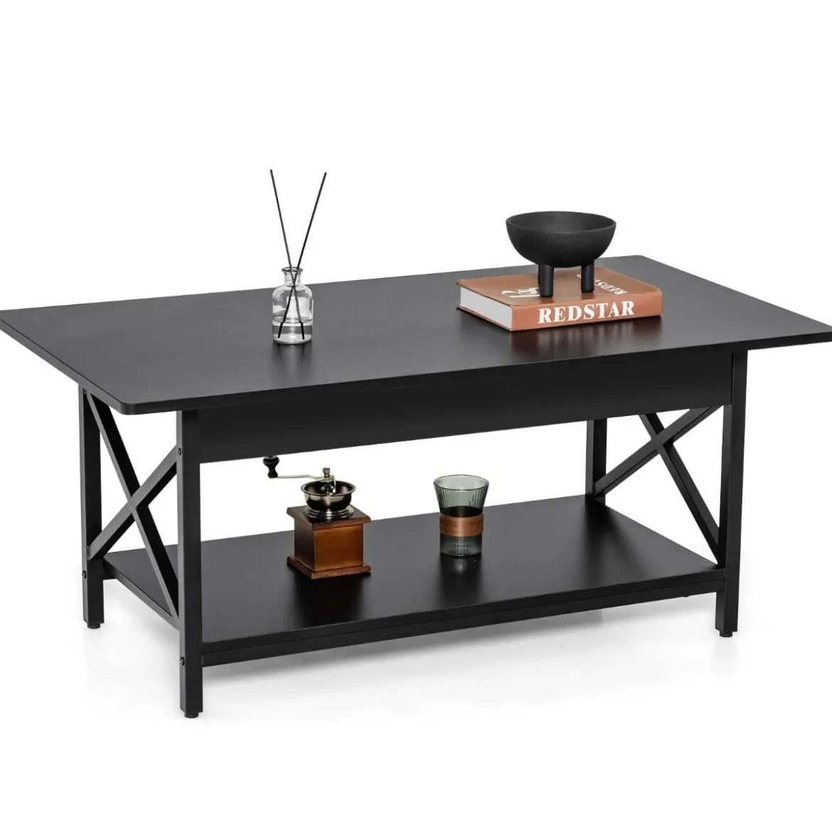 2-stufiger Industrieller Couchtisch mit Ablagefläche & X-förmigem Metallrahmen Schwarz