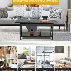 2-stufiger Industrieller Couchtisch mit Ablagefläche & X-förmigem Metallrahmen Schwarz