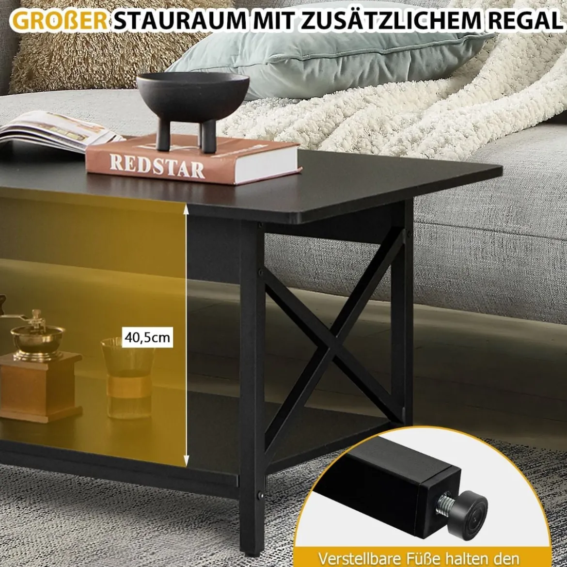 2-stufiger Industrieller Couchtisch mit Ablagefläche & X-förmigem Metallrahmen Schwarz