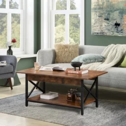 2-stufiger Industrieller Couchtisch mit Ablagefläche & X-förmigem Metallrahmen Braun