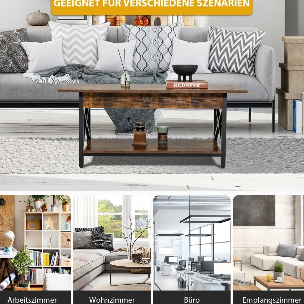 2-stufiger Industrieller Couchtisch mit Ablagefläche & X-förmigem Metallrahmen Braun