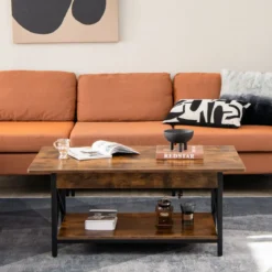 2-stufiger Industrieller Couchtisch mit Ablagefläche & X-förmigem Metallrahmen Braun