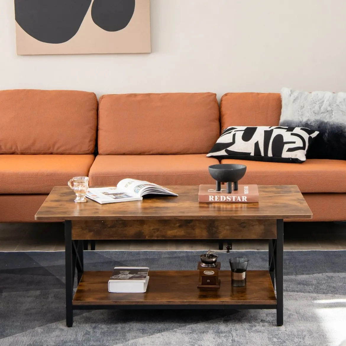 2-stufiger Industrieller Couchtisch mit Ablagefläche & X-förmigem Metallrahmen Braun
