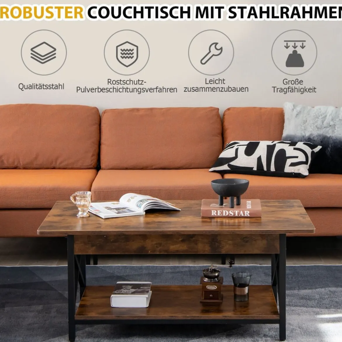 2-stufiger Industrieller Couchtisch mit Ablagefläche & X-förmigem Metallrahmen Braun