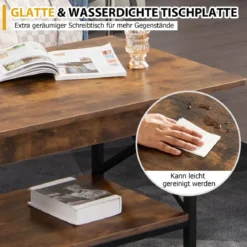 2-stufiger Industrieller Couchtisch mit Ablagefläche & X-förmigem Metallrahmen Braun