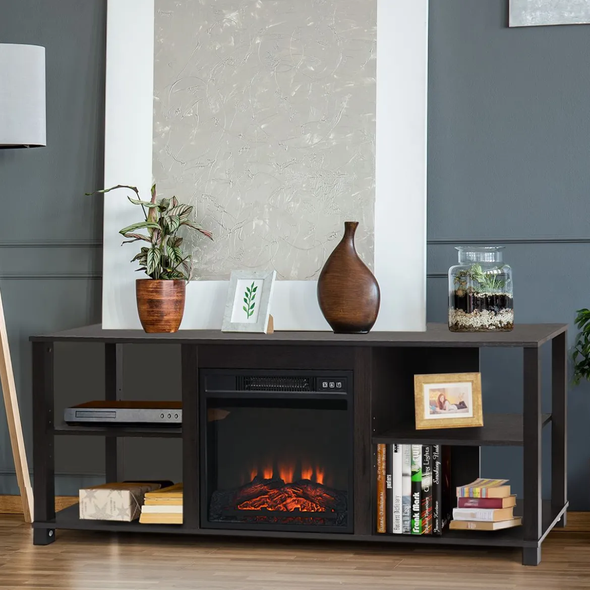 2-stufiger Kamin-TV-Ständer für Fernseher bis zu 65" und Elektrokamin bis zu 18" (Nicht inklusive) 150 x 40 x 58 cm Schwarz