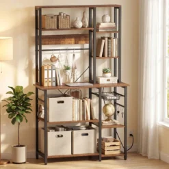6-stufiger Küchenregal mit Steckdose & Drahtkorb Standregal Mikrowellenregal Bäckerregal 99 × 40 × 170 cm