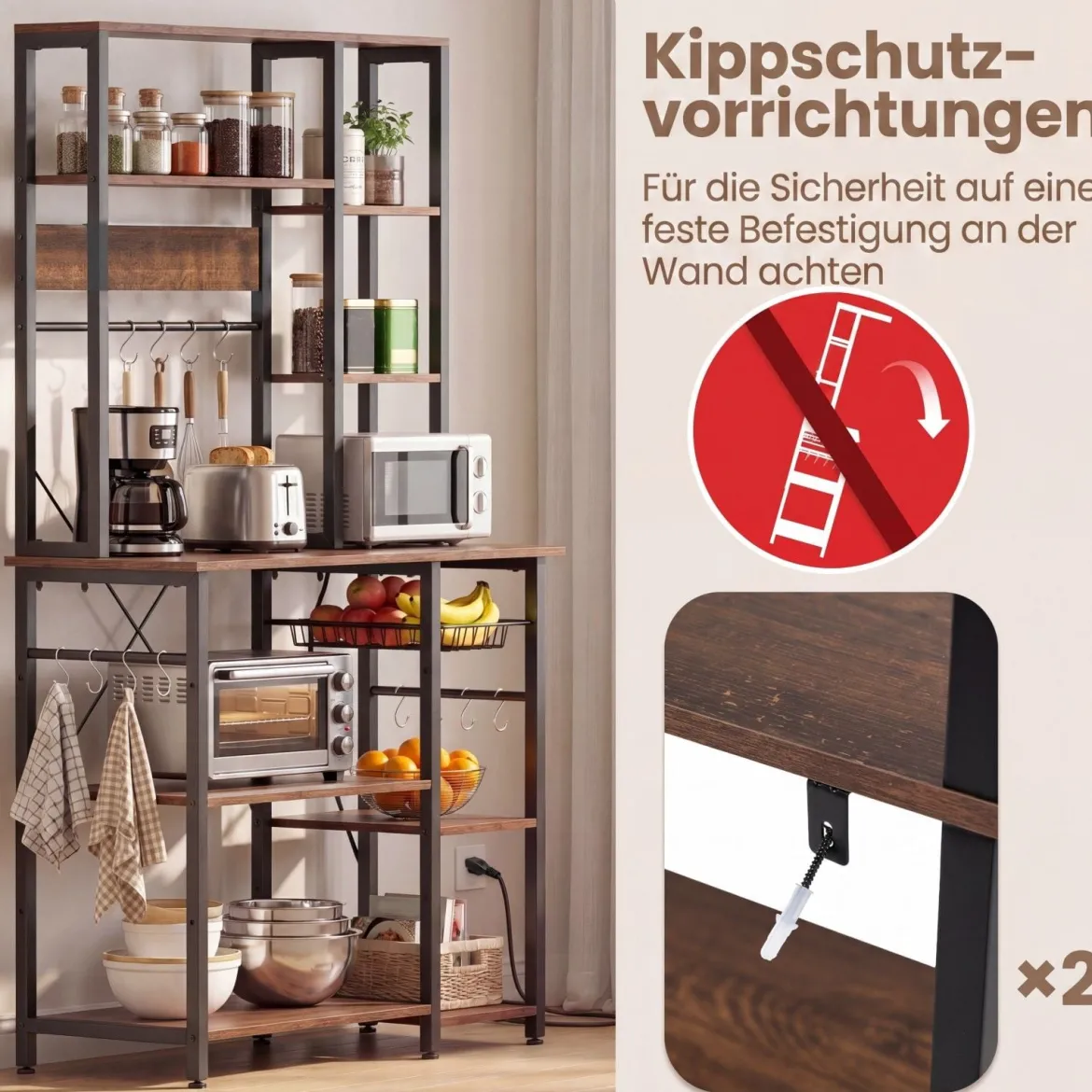 6-stufiger Küchenregal mit Steckdose & Drahtkorb Standregal Mikrowellenregal Bäckerregal 99 × 40 × 170 cm