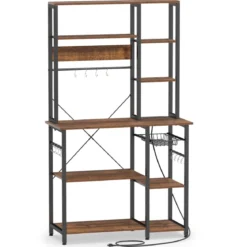 6-stufiger Küchenregal mit Steckdose & Drahtkorb Standregal Mikrowellenregal Bäckerregal 99 × 40 × 170 cm