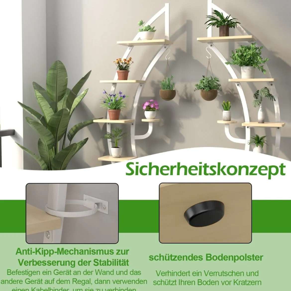 6-stufiger Metall-Pflanzenständer in Halbmondform mit 2 kleine Ablagen & Haken Weiß