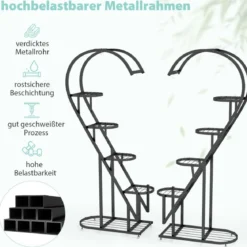 5-stufiger Metall Pflanzenständer Herzförmig Blumenregal mit Haken 71 x 30,5 x 148 cm Schwarz